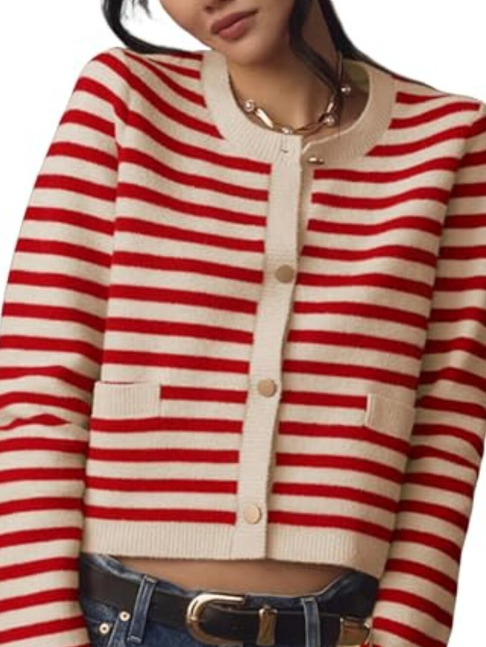 a new day Red and Cream Striped Crewneck Cardigan Gold Buttons